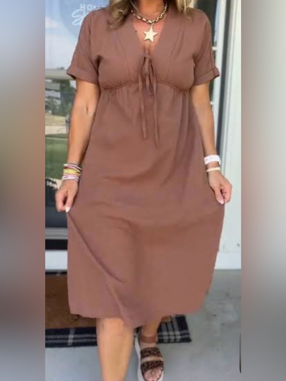 Brown Tie-Front Short Sleeve Women's Dress